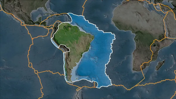 Körvonalazott Dél Amerikai Tektonikus Lemez Műholdon Egy Térkép Elválasztva Szomszédos — Stock Fotó