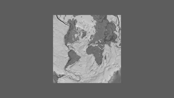 Square frame of the large-scale map of the world in an oblique Van der Grinten projection centered on the territory of Western Sahara. Bilevel elevation map
