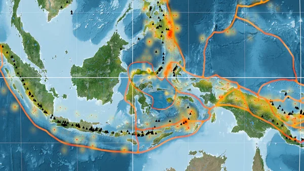 モルッカ海の地殻プレートは カヴァライスキーの投影における世界的な人工衛星画像について概説しました 3Dレンダリング — ストック写真