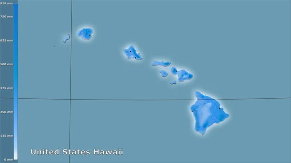 凡例と立体投影における米国ハワイ地域内で最も雨の多い月の降水量 主な組成 — ストック写真