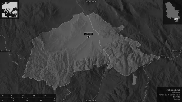 Jablanicki , district of Serbia. Grayscaled map with lakes and rivers. Shape presented against its country area with informative overlays. 3D rendering