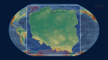 Polonya 'nın, Kavrayskiy projeksiyonundaki küresel haritaya karşı perspektif çizgileriyle yakınlaştırılmış görüntüsü. Şekil merkezli. topografik yardım haritası