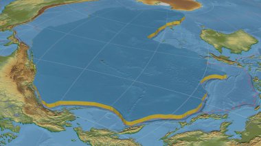 Pasifik tektonik plakası genişletildi, dışa savruldu ve Azimuthal Equidistance projeksiyonunun kenarlarındaki küresel renk fiziksel haritası batı tarafına döndü. 3B görüntüleme