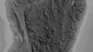 Antananarivo, Madagaskar özerk vilayeti. Gölleri ve nehirleri olan gri tonlu bir harita. Ülke alanına göre şekillendirilmiş. 3B görüntüleme