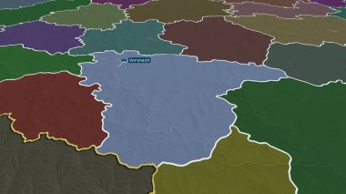 Voronezh - Rusya 'nın büyüyen ve sermaye ile vurgulanan bölgesi. İdari bölümün renkli ve çarpık haritası. 3B görüntüleme