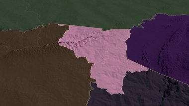 Savanes - Togo bölgesi yakınlaştırıldı ve altı çizildi. İdari bölümün renkli ve çarpık haritası. 3B görüntüleme