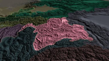 Gorno-Badakhshan - Tacikistan bölgesi yakınlaştırıldı ve altı çizildi. İdari bölümün renkli ve çarpık haritası. 3B görüntüleme