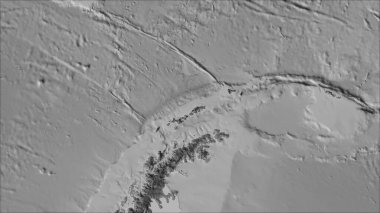 Van der Grinten I projeksiyonundaki (eğik dönüşüm) gri tonlu haritada Shetland tektonik plakasının komşuları. Ham bileşik - ana hatları yok