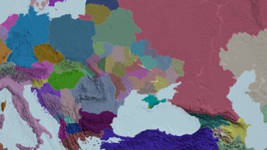 Ukrayna yakınlaştı ve yakınlaştı. İdari bölümün renkli ve çarpık haritası. 3B görüntüleme