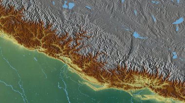 Ortabatı, Nepal 'in gelişim bölgesi. Göller ve nehirlerle renkli rahatlama. Ülke alanına göre şekillendirilmiş. 3B görüntüleme