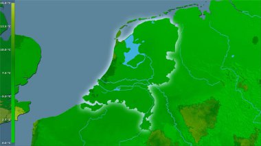 Efsanevi stereografik projeksiyonda Hollanda 'nın en sıcak çeyreğinin ortalama sıcaklığı - ışık saçan ana hatlı raster tabakalarının ham bileşimi