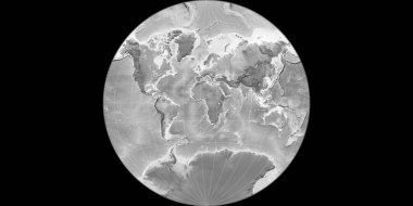 Van Der Grinten projeksiyonunun dünya haritası 11 Doğu boylamı üzerine kuruludur. Gri tonlama yükseklik haritası. Raster 'ın ham bileşimi. 3B illüstrasyon