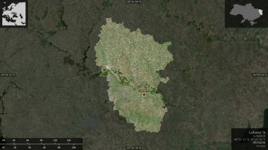 Luhans 'k, Ukrayna bölgesi. Uydu görüntüleri. Ülke alanına karşı bilgilendirici örtülerle sunulan şekil. 3B görüntüleme