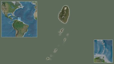 Saint Vincent ve The Grenadines 'in yakın çekimleri ve bölgedeki konumu ve geniş çaplı bir dünya haritasının merkezi. Uydu görüntüleri
