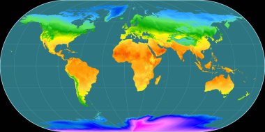 Ortelius Oval projeksiyonunun dünya haritası 11 doğu boylamında. Yıllık ortalama sıcaklık haritası. Raster 'ın ham bileşimi. 3B illüstrasyon