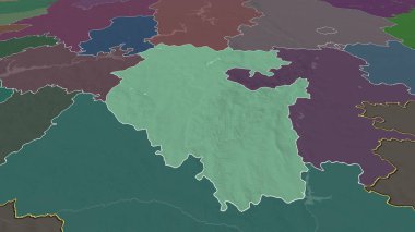 Bashkortostan - Rusya Cumhuriyeti yakınlaştırıldı ve ön plana çıkarıldı. İdari bölümün renkli ve çarpık haritası. 3B görüntüleme