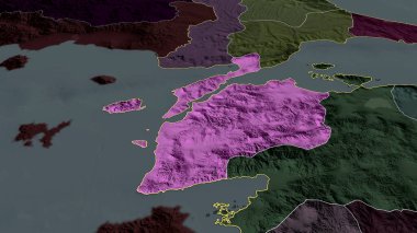 Çanakkale - Türkiye ili yakınlaştırıldı ve altı çizildi. İdari bölümün renkli ve çarpık haritası. 3B görüntüleme