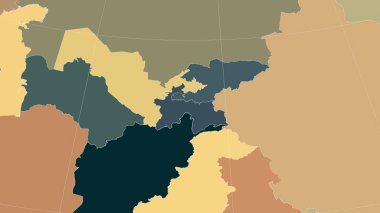 Tacikistan ve mahallesi. Uzak eğimli perspektif - özet yok. idari bölümlerin renk haritası