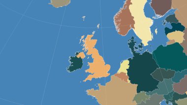 Birleşik Krallık ve komşuları. Uzak eğimli perspektif - özet yok. idari bölümlerin renk haritası