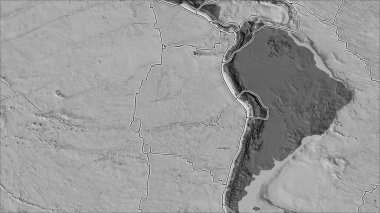 Tektonik plakalar, Nazca plaka alanına komşu bölgelerin bilek yüksekliği haritasında yer almaktadır. Van der Grinten I yansıması (eğik dönüşüm)