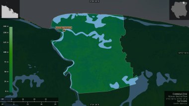 Commewijne, Surinam bölgesi. Gölleri ve nehirleri olan renkli gölge verileri. Ülke alanına karşı bilgilendirici örtülerle sunulan şekil. 3B görüntüleme