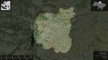 Chernihiv, Ukrayna bölgesi. Uydu görüntüleri. Ülke alanına karşı bilgilendirici örtülerle sunulan şekil. 3B görüntüleme