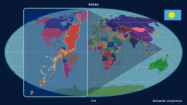 Zoomed Widok Palau Zarys Linii Perspektywy Wobec Globalnej Mapy Projekcji — Zdjęcie stockowe