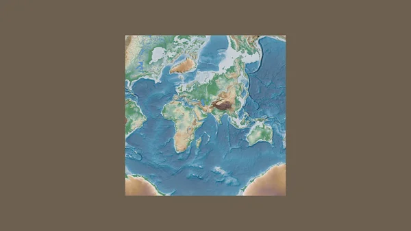 Square frame of the large-scale map of the world in an oblique Van der Grinten projection centered on the territory of Oman. Color physical map