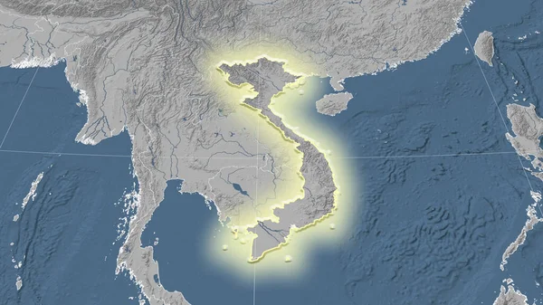 Vietnam and its neighborhood. Distant oblique perspective - shape glowed. grayscale elevation map