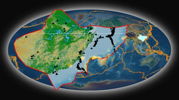 Yangtze Tectonic Plate Extruded Presented Global Color Physical Map Mollweide — Stock Photo, Image