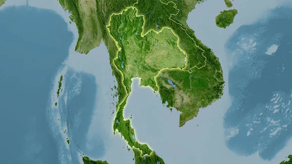Uydu Haritasında Tayland Bölgesi Stereografik Projeksiyonda Işık Saçan Ana Hatlı — Stok fotoğraf