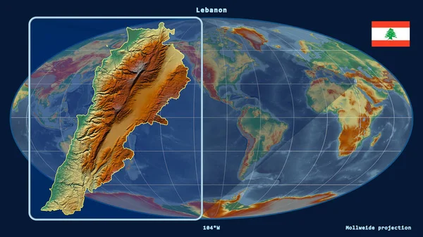 Увеличенный Вид Ливана Перспективными Линиями Против Глобальной Карты Проекции Моллвейда — стоковое фото
