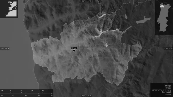 Braga Distrito Portugal Mapa Escala Grises Con Lagos Ríos Forma — Foto de Stock