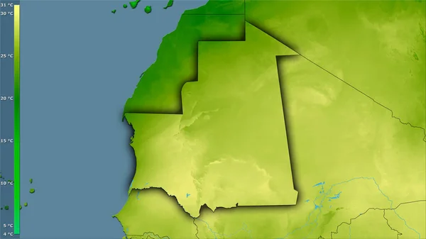 Jaarlijkse Gemiddelde Temperatuur Mauritanië Stereografische Projectie Met Legende Ruwe Samenstelling — Stockfoto