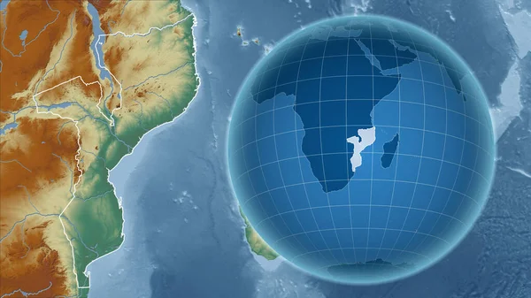 Mozambique Globo Con Forma Del País Contra Mapa Ampliado Con — Foto de Stock