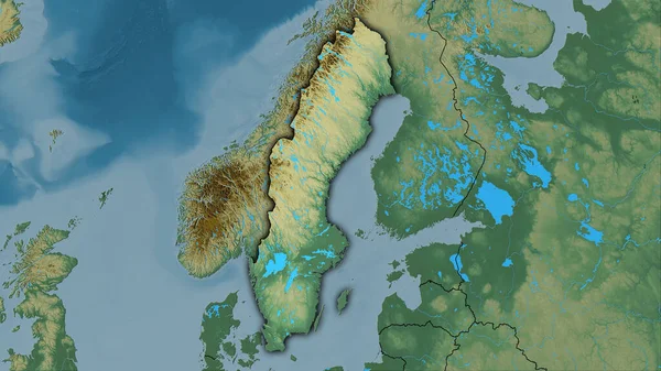 立体投影地形图上的瑞典地区 暗光轮廓光栅层的原始组成 — 图库照片