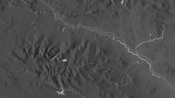 La Rioja, autonomous community of Spain. Grayscaled map with lakes and rivers. Shape outlined against its country area. 3D rendering