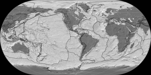 Ortelius Oval projeksiyonunun dünya haritası 90 Batı boylamı üzerine kuruludur. Çift seviyeli topografik harita - gratikül ve tektonik levhalar kenarlı raster bileşimi. 3B illüstrasyon