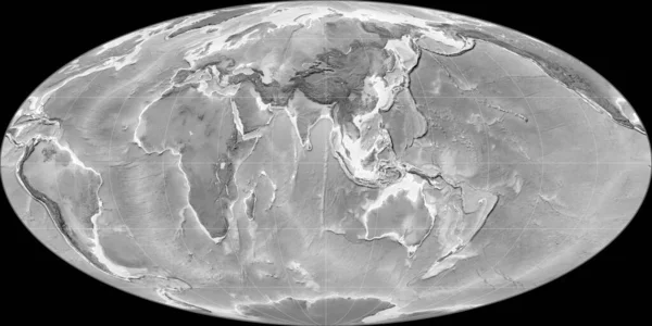 東経90度を中心としたモルウェイド予測の世界地図 グレースケール標高地図 グレースケールとラスターの生の複合体 3Dイラスト — ストック写真