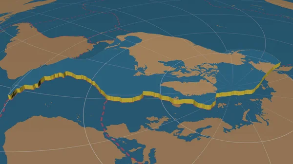 North American tectonic plate enlarged, extruded and rotated to the north side the global shapes only - land/ocean mask in the Azimuthal Equidistant projection with dashed plates borders. 3D rendering