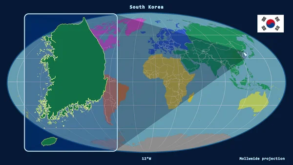 Güney Kore Yakından Bakınca Mollweide Projeksiyonundaki Küresel Haritaya Karşı Perspektif — Stok fotoğraf