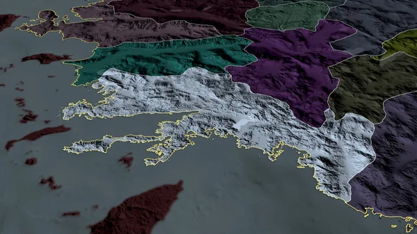Mugla Provincia Turquía Zoomed Destacó Mapa Coloreado Tocado División Administrativa — Foto de Stock