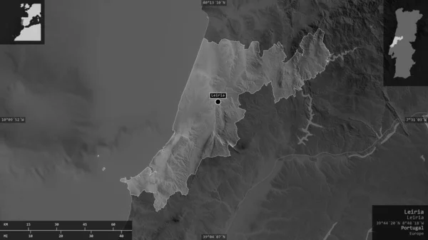 Leiria Distrito Portugal Mapa Escala Grises Con Lagos Ríos Forma — Foto de Stock