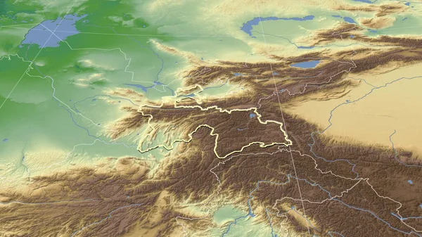 Tayikistán Barrio Perspectiva Oblicua Distante Forma Delineada Mapa Físico Color — Foto de Stock