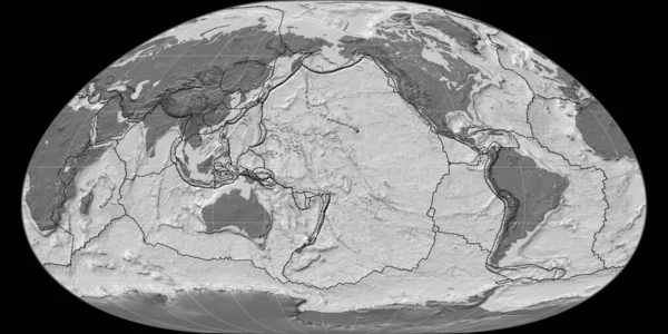 World map in the Loximuthal projection centered on 170 West longitude. Bilevel topographic map - composite of raster with graticule and tectonic plates borders. 3D illustration