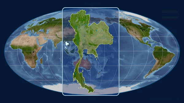 在Mollweide投影中 用透视线与全球地图对齐 放大了泰国的轮廓 形体中心 卫星图像 — 图库照片