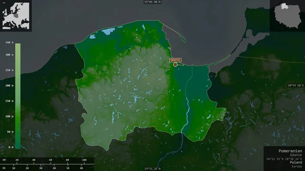 Pomeranian, voivodeship of Poland. Colored shader data with lakes and rivers. Shape presented against its country area with informative overlays. 3D rendering