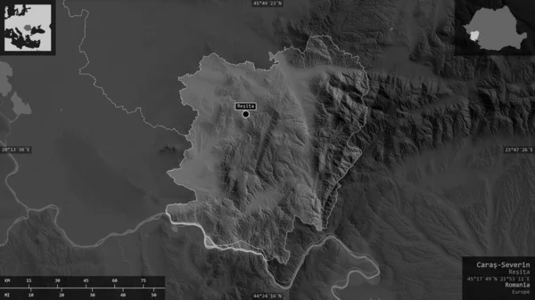 Caras Severin Município Roménia Mapa Acinzentado Com Lagos Rios Forma — Fotografia de Stock