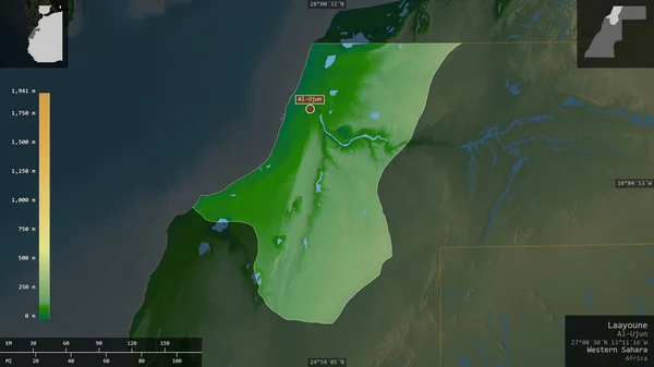 Laayoune, province of Western Sahara. Colored shader data with lakes and rivers. Shape presented against its country area with informative overlays. 3D rendering