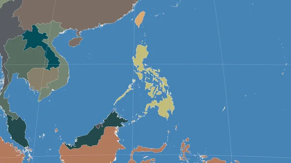 Filipíny Jejich Okolí Vzdálená Šikmá Perspektiva Žádný Obrys Barevná Mapa — Stock fotografie